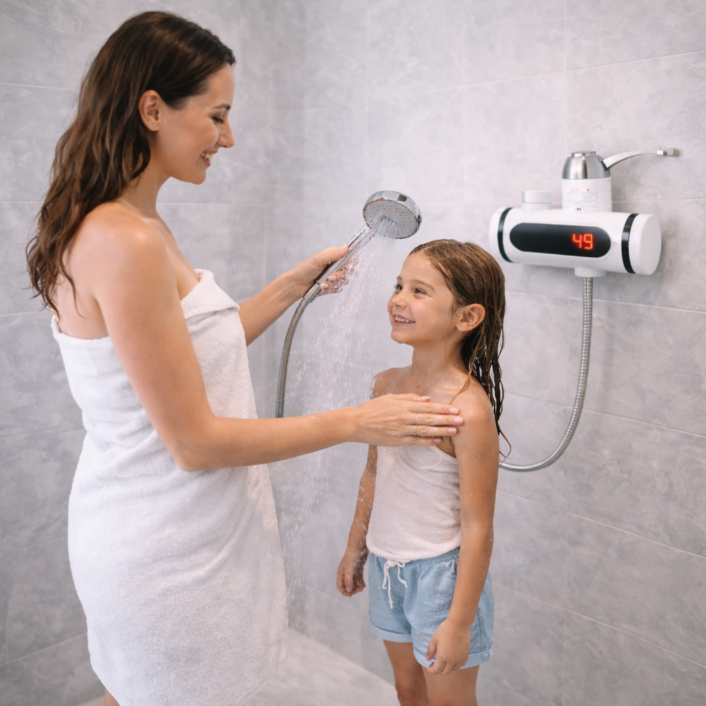 Ducha de Agua Caliente al instante + Tapete Absorbente de Baño + Esterilizador de Cepillos