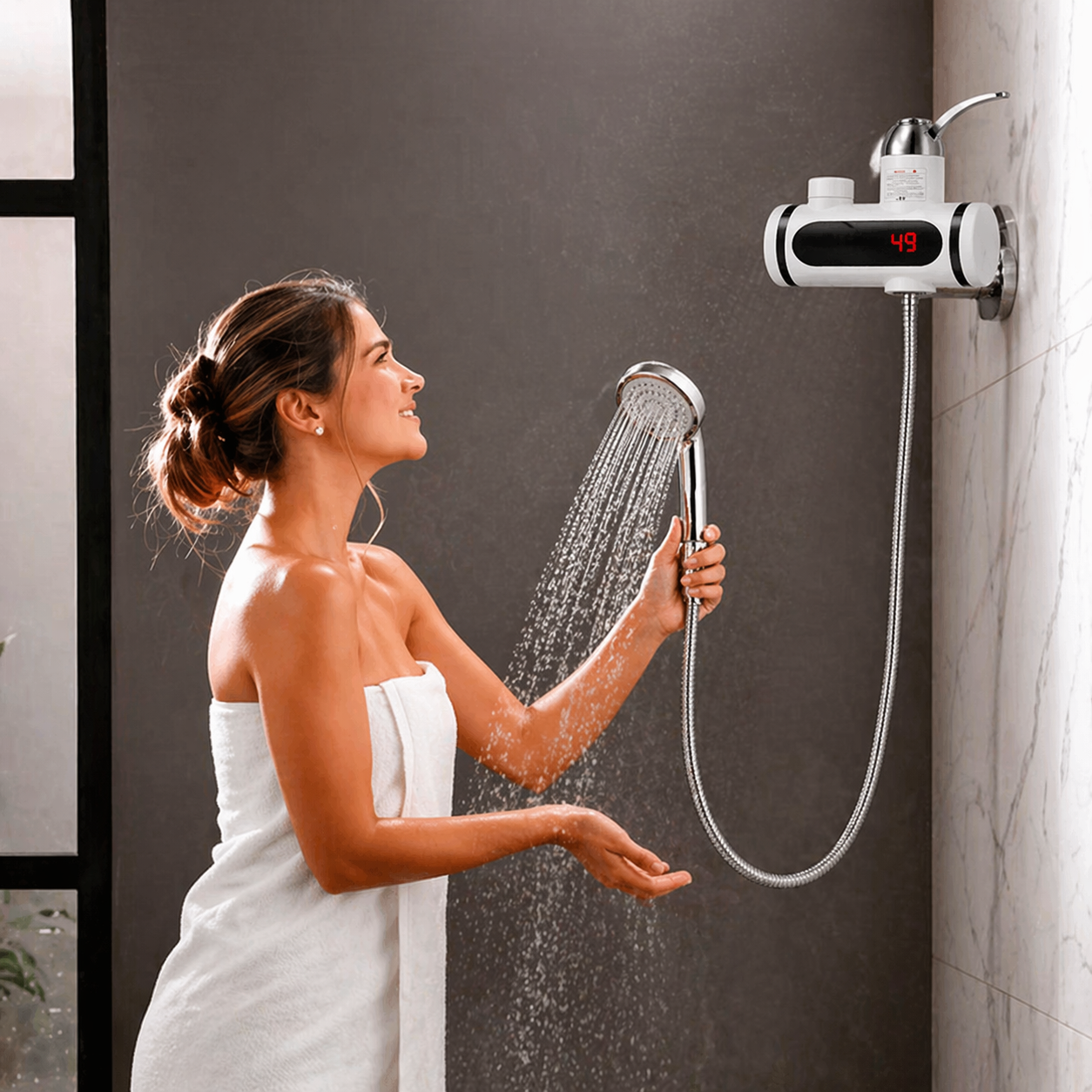 Ducha de Agua Caliente al instante + Tapete Absorbente de Baño + Esterilizador de Cepillos